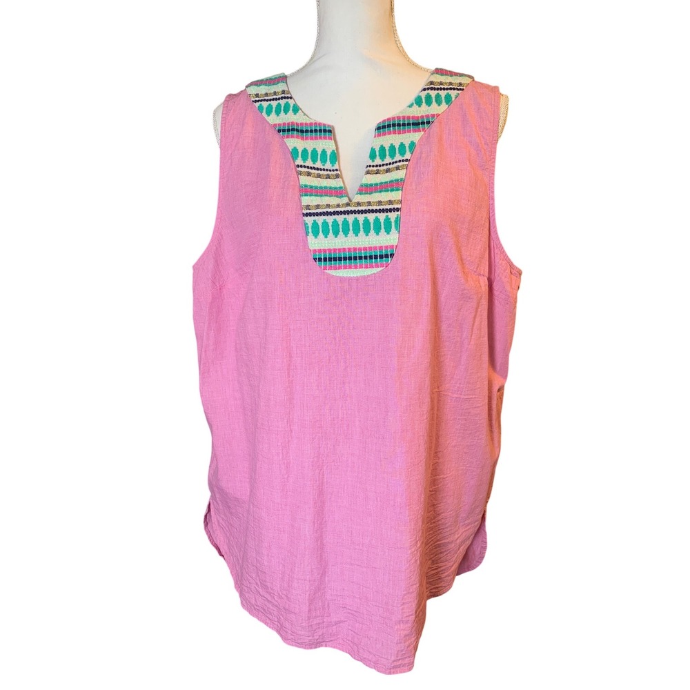 Crown & Ivy Pink Embroidered‎ Split Neck Sleeveless Cotton Tunic Top XXL Boho